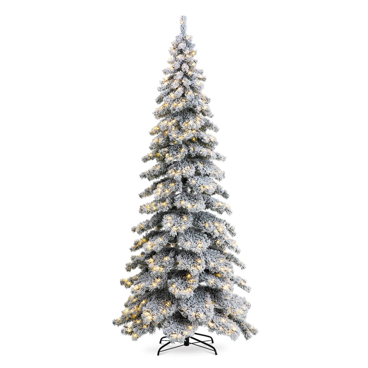 9ft. Pre-Lit Flocked Layered Spruce Artificial Christmas Tree, Warm White LED Lights